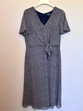 Lauren Ralph Lauren Navy and White Floral Tie-Waist Midi Dress